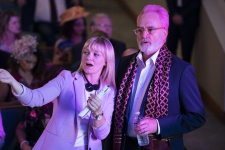 Katie Locke O'Brien with Bradley Whitford on set for Perfect Harmony 
