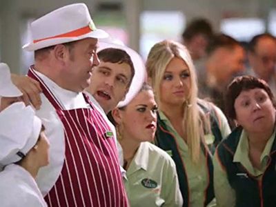 Mark Addy, Lorraine Cheshire, Rita May, Beverly Rudd, Faye McKeever, and Nick Blood in Trollied (2011)