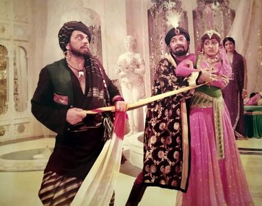 Dharmendra, Hema Malini, and Prem Chopra in Adventures of Ali-Baba and the Forty Thieves (1980)