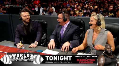 Michael Coulthard, Matt Polinsky, and Renee Paquette in WWE Elimination Chamber (2019)