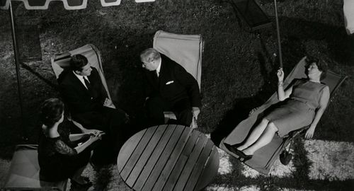 Marcello Mastroianni, Vincenzo Corbella, Gitt Magrini, and Jeanne Moreau in La Notte (1961)