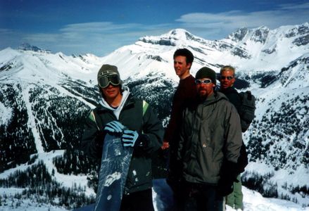 Al Clark, Greg Todds (deceased) and Lawrence Roeck on the peak of Lake Louise ski hill in 1996 while filming his snowboa
