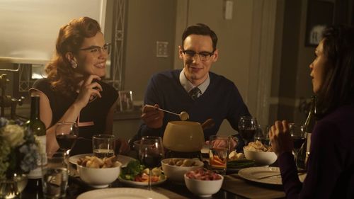 Morena Baccarin, Cory Michael Smith, and Chelsea Spack in Gotham (2014)