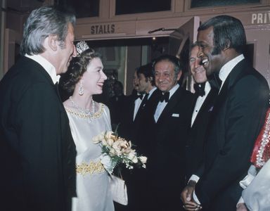 Sacha Distel, Bruce Forsyth, Sidney James, Queen Elizabeth II, and Lovelace Watkins at an event for The Royal Variety Pe
