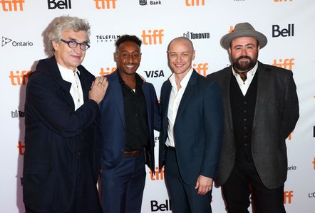 Wim Wenders, Celyn Jones, James McAvoy, and Mohamed Hakeemshady at an event for Submergence (2017)