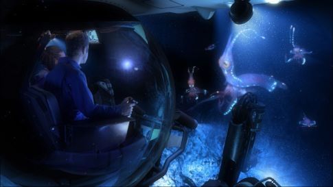 Conceptual footage: An imaginary futuristic mission to an as yet undiscovered world encounters alien life. In crew spher