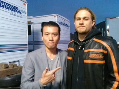 Billy Choi & Charlie Hunnam On location in Long Beach CA S.O.A.