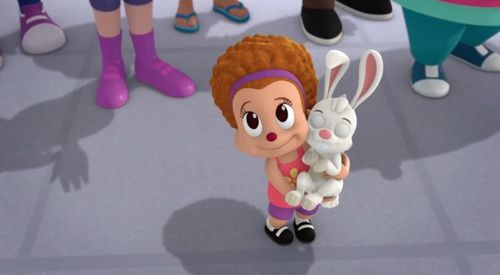 Bitsy Beagleberg (Riley Go) finds a bunny in an episode of Disney's Mickey and the Roadster Racers.