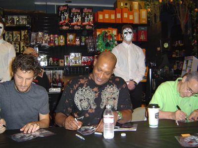 (L to R) Seth Landau, Tony Todd and Lloyd Kaufman at BRYAN LOVES YOU DVD signing, 9/23/08