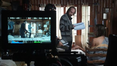 Tamzin Brown with director Kyle Broom on set shooting in Tableau Vivant.
