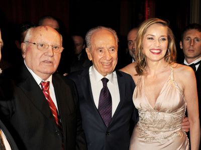 Sharon Stone, Mikhail Gorbachev, and Shimon Peres