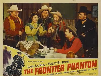 Virginia Herrick, Lash La Rue, Bud Osborne, Al St. John, Clarke Stevens, and Archie Twitchell in The Frontier Phantom (1