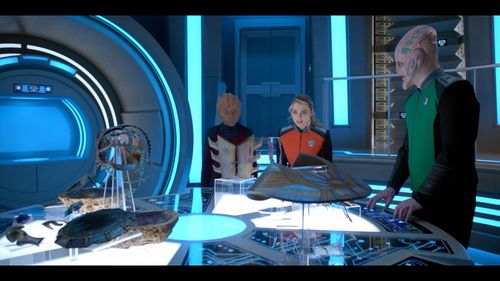 Still of Andy Milder, Anne Winters, and Imani Pullum in The Orville and A Tale of Two Topas