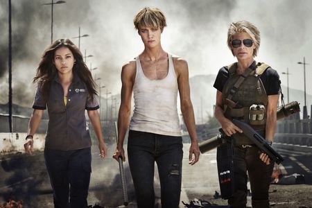 Linda Hamilton, Natalia Reyes, and Mackenzie Davis in Terminator: Dark Fate (2019)