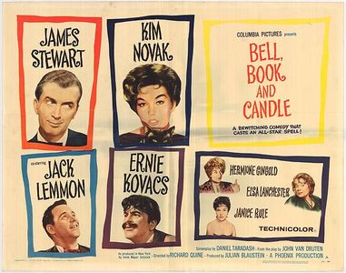 James Stewart, Jack Lemmon, Kim Novak, Elsa Lanchester, Hermione Gingold, Ernie Kovacs, and Janice Rule in Bell Book and