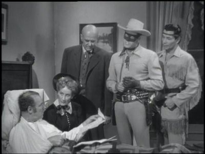 Clayton Moore, Charles Meredith, Jay Silverheels, Ray Teal, and Katherine Warren in The Lone Ranger (1949)