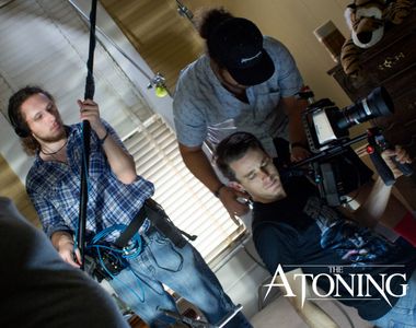 On the set of The Atoning. Graham Young (Boom),Zach Lancaster (Sound Mixer),Michael Williams (Director, DP)