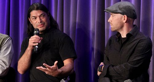 LOS ANGELES, CA - DECEMBER 08: Musician and Jaco producer Robert Trujillo and director Paul Marchand speak onstage at Re