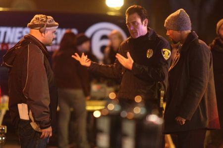 Director David A. Armstrong, Marton Csokas and Common on the set of PAWN