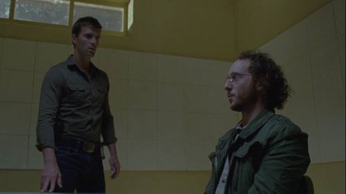 Nathan Wuornos (Lucas Bryant) interrogates Sinister Man (Kyle Mitchell) at Haven PD. Haven TV Show - 2013. Episode 409.