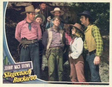 Johnny Mack Brown, George Hazel, Fuzzy Knight, Lew Morphy, Nell O'Day, and Glenn Strange in Stagecoach Buckaroo (1942)