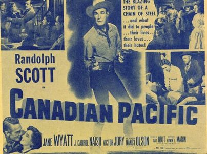 Randolph Scott, Victor Jory, J. Carrol Naish, and Jane Wyatt in Canadian Pacific (1949)
