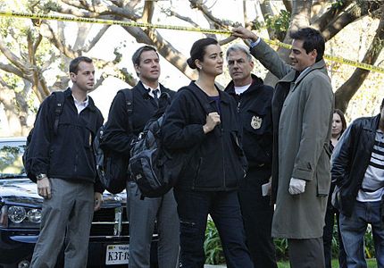 Mark Harmon, Adam Kaufman, Sean Murray, Michael Weatherly, and Cote de Pablo in NCIS (2003)