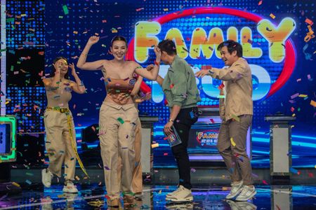 Dingdong Dantes, Sunshine Guimary, Ava Mendez, and MJ Cayabyab in Family Feud Philippines (2022)