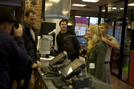 Carlos Cuaron, Kristen Dunst, Brian Geraghty and Lucas Akoskin on the set of The Second Bakery Attack.