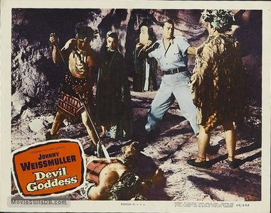 Abel Fernandez, Johnny Weissmuller, and Vera Francis in Devil Goddess (1955)