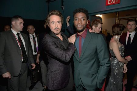 Robert Downey Jr., Scarlett Johansson, Chadwick Boseman, and Colin Jost at an event for Avengers: Infinity War (2018)