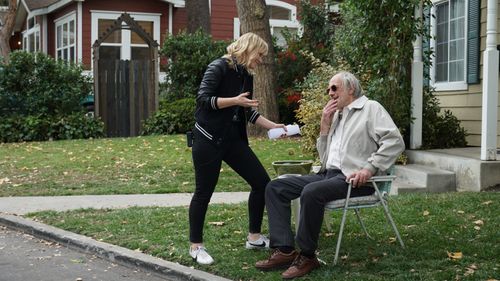 Katie Locke O'Brien and Christopher Lloyd on the set of A.P. Bio 