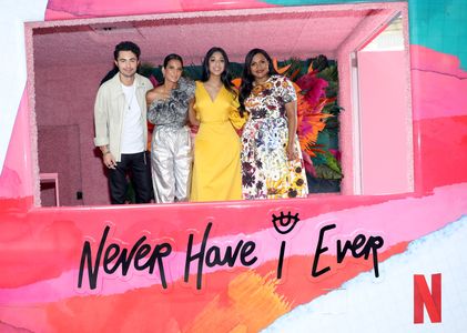 Maitreyi Ramakrishnan, Mindy Kaling, Poorna Jagannathan, and Darren Barnet at an event for Never Have I Ever (2020)