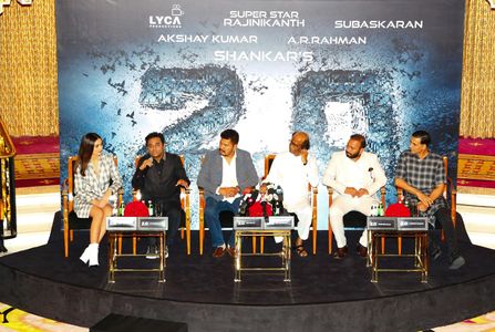 A.R. Rahman, Akshay Kumar, Rajinikanth, S. Shankar, Amy Jackson, and A. Subaskaran at an event for 2.0 (2018)