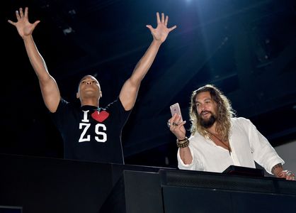 Jason Momoa and Ray Fisher at an event for Justice League (2017)