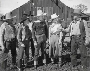 Buzz Barton, Rex Bell, Stanley Blystone, Ruth Mix, Francis Walker, and Roger Williams in Saddle Aces (1935)