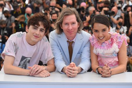 Wes Anderson, Timothée Chalamet, and Lyna Khoudri at an event for The French Dispatch (2021)