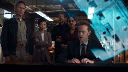 Still of Eric McCormack, Kris Holden-Ried, Archie Panjabi, Mark Rendall and Cihang Ma in Departure and Dead in the Water
