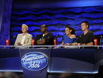 Ellen DeGeneres, Simon Cowell, Randy Jackson, and Kara DioGuardi in American Idol (2002)