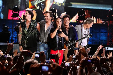 Jonathan Cain, Neal Schon, Ross Valory, Deen Castronovo, Journey, and Arnel Pineda in Independent Lens: Don't Stop Belie