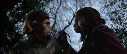 Roddy McDowall and Claude Akins in Battle for the Planet of the Apes (1973)