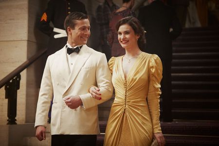 Glen Powell and Lily James in The Guernsey Literary and Potato Peel Pie Society (2018)