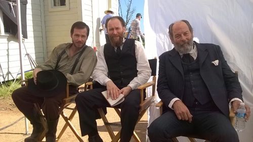 Magnificent Seven (2016) Actors Jody Mullins (Caleb Frankel),Mark Ashworth (Preacher) and Matthew Posey (Hank Stoner).