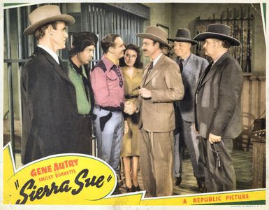 Gene Autry, Smiley Burnette, Robert Homans, Jack Kirk, Kermit Maynard, Fay McKenzie, and Frank M. Thomas in Sierra Sue (