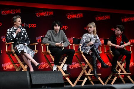 Logan Kim, Carrie Coon, Mckenna Grace, and Finn Wolfhard at an event for Ghostbusters: Afterlife (2021)