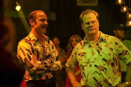 Liev Schreiber and Jim Gaffigan on the set of Chuck (2017)