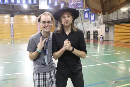 Actor Andrew McKeough (L) and SAINT MOTEL singer and front-man, A/J Jackson (R) after a concert at the Villanova Pavilio