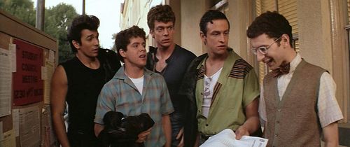 Christopher McDonald, Eddie Deezen, Peter Frechette, Leif Green, and Adrian Zmed in Grease 2 (1982)
