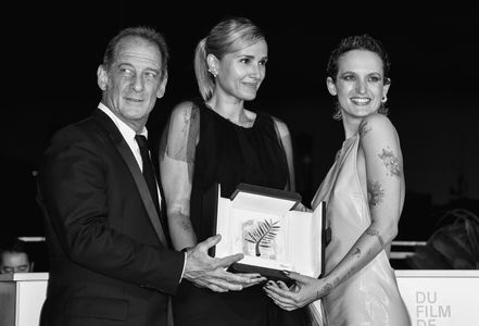 Vincent Lindon, Julia Ducournau, and Agathe Rousselle at an event for Titane (2021)