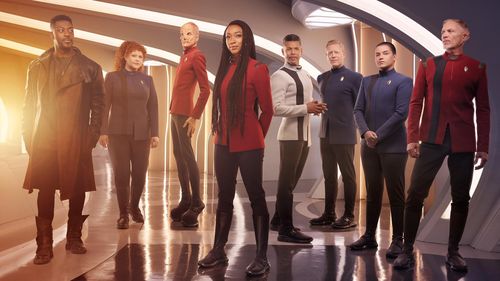 Wilson Cruz, Doug Jones, Anthony Rapp, Sonequa Martin-Green, David Ajala, and Mary Wiseman in Star Trek: Discovery: Red 
